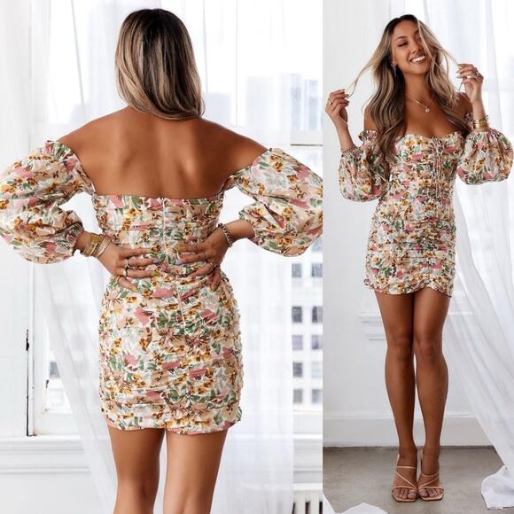 Hello Molly Sunrise Summer Off the Shoulder Ruched Mini Dress in Yellow Multi - Picture 4 of 17